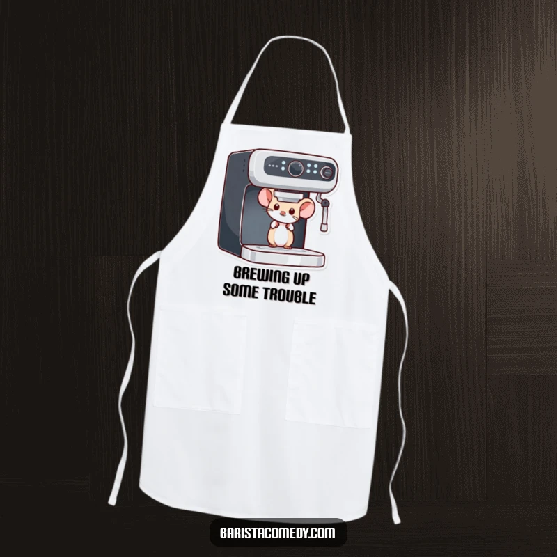 Funny Mouse Peeking Barista Apron, a humorous kitchen textile featuring a curious mouse near an espresso machine, perfect funny gift.