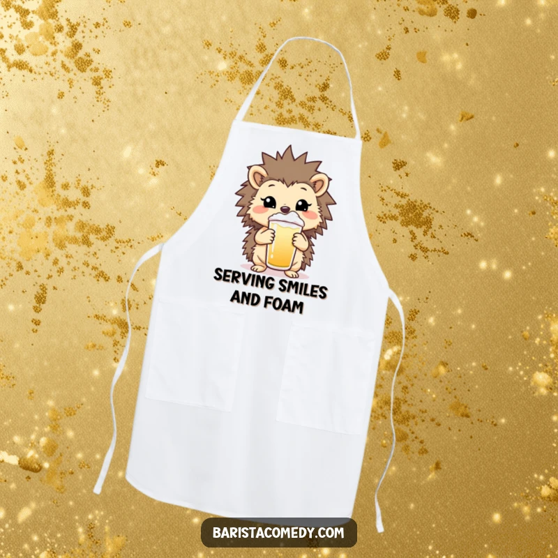 Funny Hedgehog Barista Apron, a humorous kitchen textile with a cheerful hedgehog holding a frothy drink, perfect funny gift.