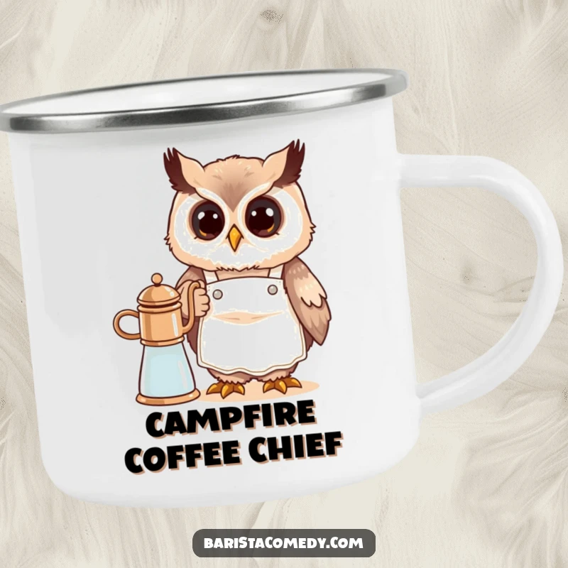 Funny cute owl barista in a small apron, steaming milk, printed on a sturdy camping mug for outdoor enjoyment.