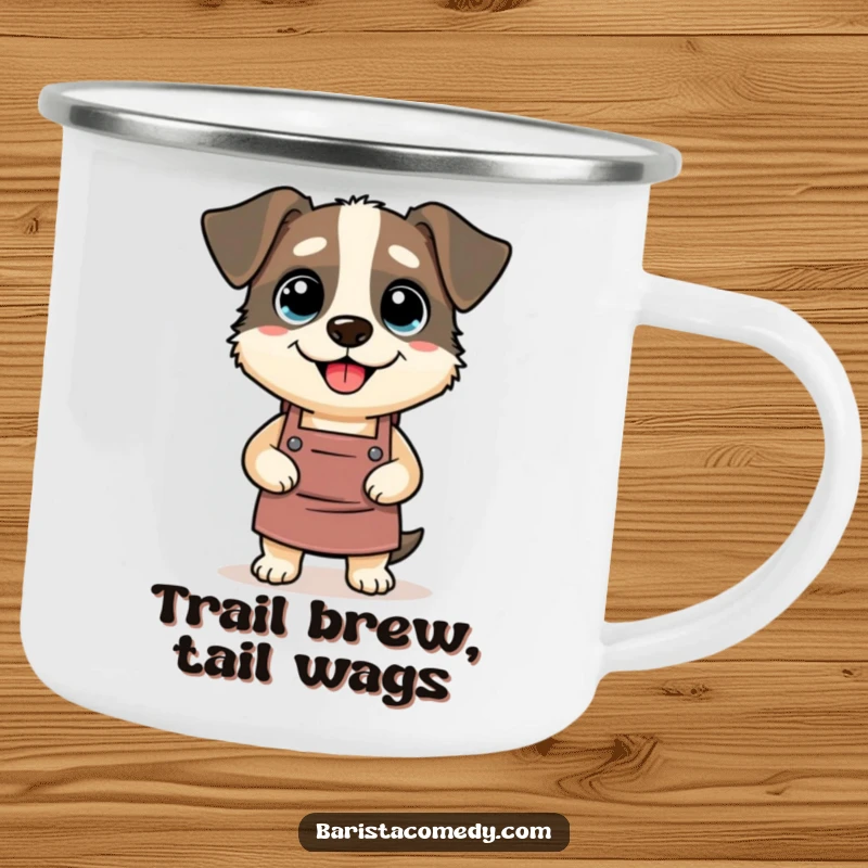 Funny Dog Barista Enamel Camping Mug, a durable and humorous cup with a silly dog wearing a barista apron, funny gift.