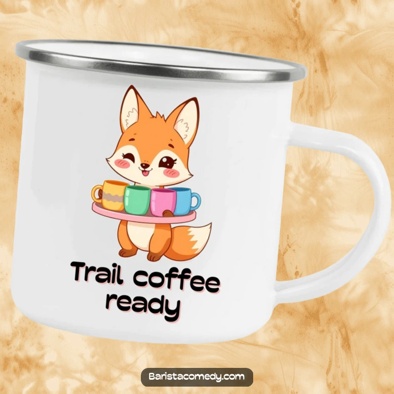 Funny smiling fox with a tray of colorful mugs on this durable camping mug, perfect for outdoor coffee.