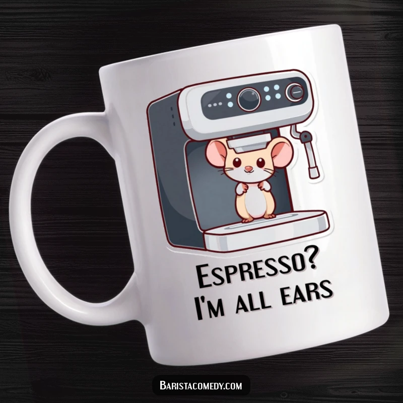 Funny Mouse Peeking Espresso Mug featuring a curious rodent with wide eyes, a perfect humorous gift for coffee enthusiasts.