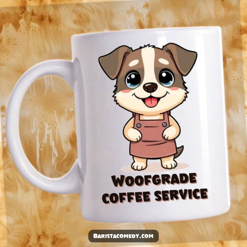 Funny Dog Barista Apron Mug featuring a silly dog humorously dressed as a barista, a perfect funny gift.
