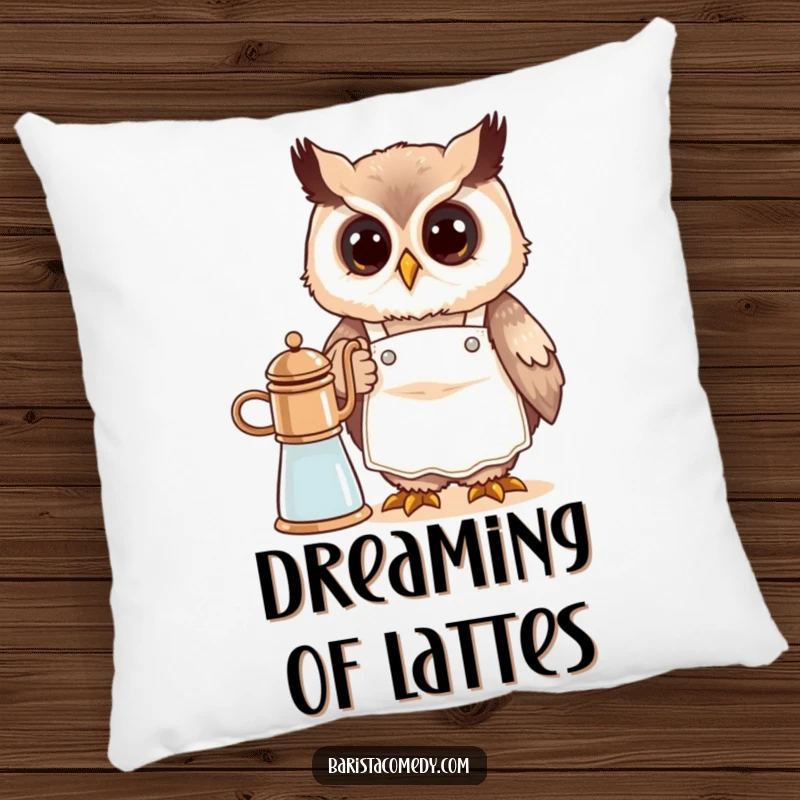 Funny cute owl in a small apron, steaming milk for coffee, presented on a soft pillow for humorous home decor.