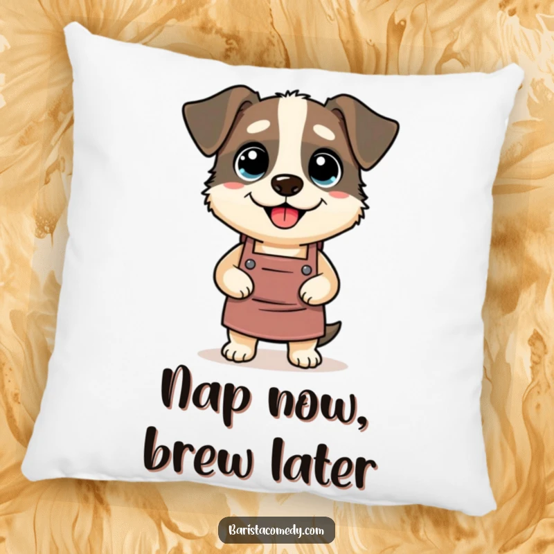 Funny Dog Barista Pillow, soft and decorative with a silly dog wearing a barista apron, a great funny gift.