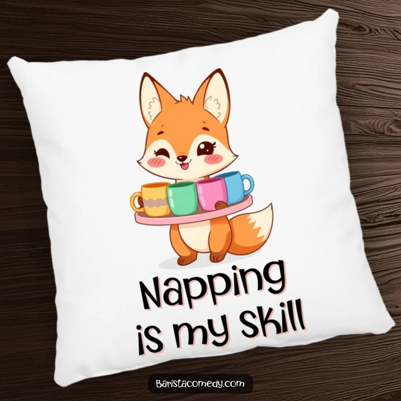 A charming, smiling fox holds a tray of colorful mugs on this soft and funny pillow.