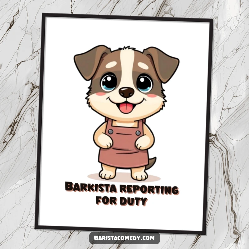 Funny Dog Barista Digital Art Print, humorous artwork of a silly dog in a barista apron, ideal funny gift.