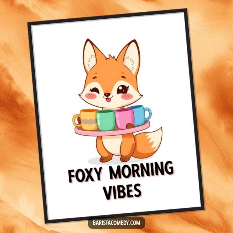 Funny smiling fox carrying a tray loaded with colorful mugs, presented as a cheerful digital art print.