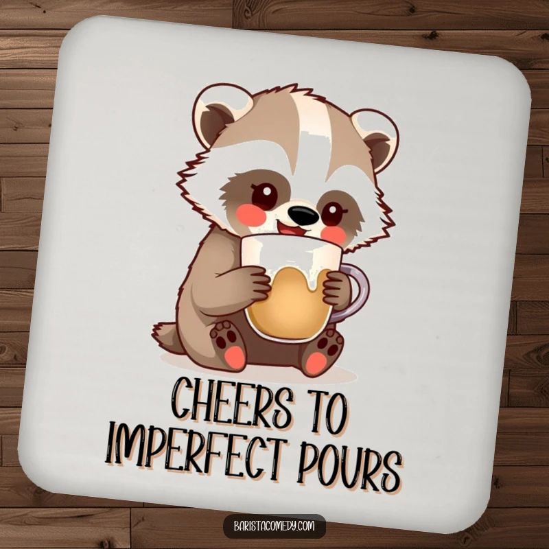 Funny Badger Latte Art Drink Coaster, humorous accessory with a badger comically creating latte art, perfect funny gift.