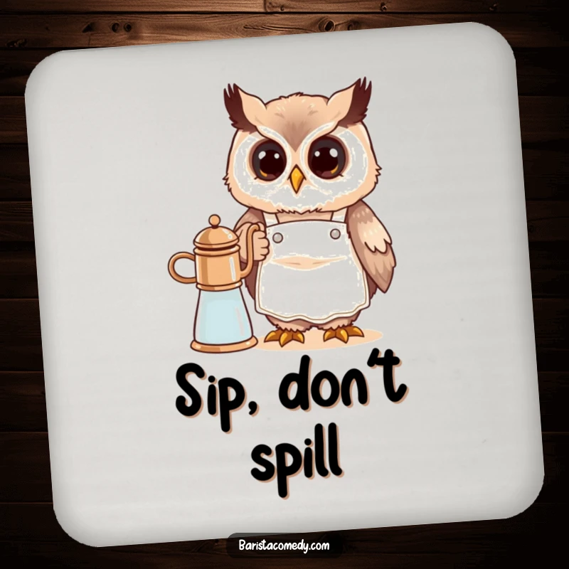 Funny cute owl wearing a tiny apron, steaming milk, designed as a humorous drink coaster for coffee setups.