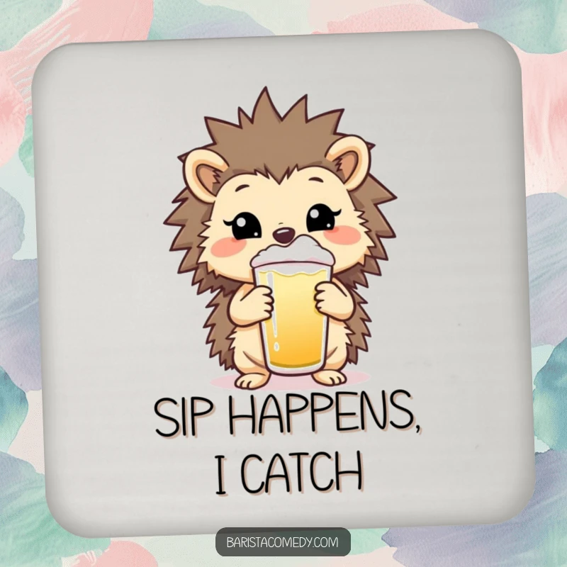 Funny Hedgehog Frothy Coaster, humorous accessory with a cheerful hedgehog holding a beverage, perfect funny gift.