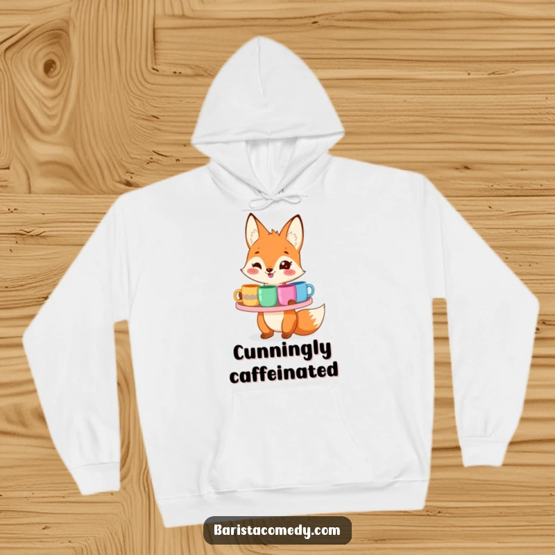 Funny smiling fox offering a tray of colorful mugs, featured on a warm and cozy hoodie.