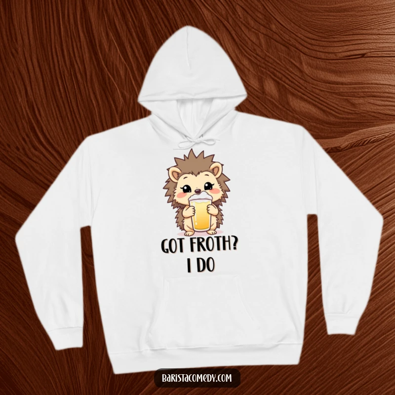 Funny Cheerful Hedgehog Hoodie, a cozy garment with a happy hedgehog holding a frothy beverage, ideal funny gift.