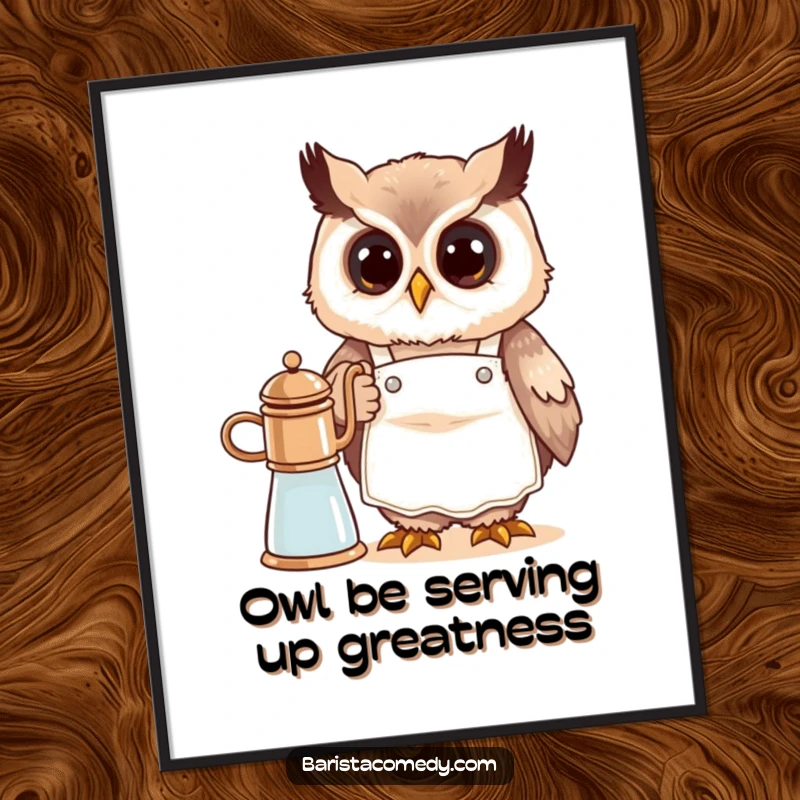Funny Free Printable Owl Barista Wall Art, a cute owl in an apron expertly frothing milk, a humorous coffee-themed decoration.