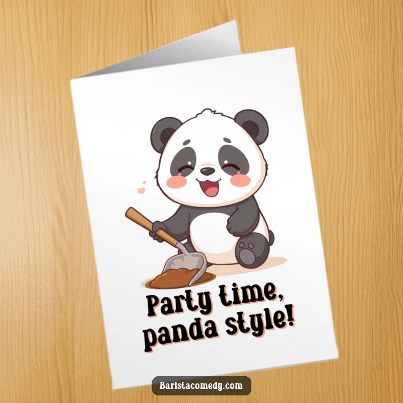 Funny Free Printable Panda Birthday Card, a giggling panda using a coffee scoop like a tiny shovel, celebrating joyfully.
