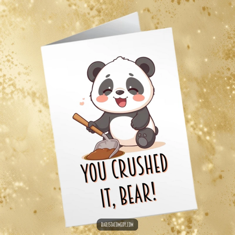Funny Free Printable Panda Congrats Card, a giggling panda playfully digging with a coffee scoop, cheering for a win.