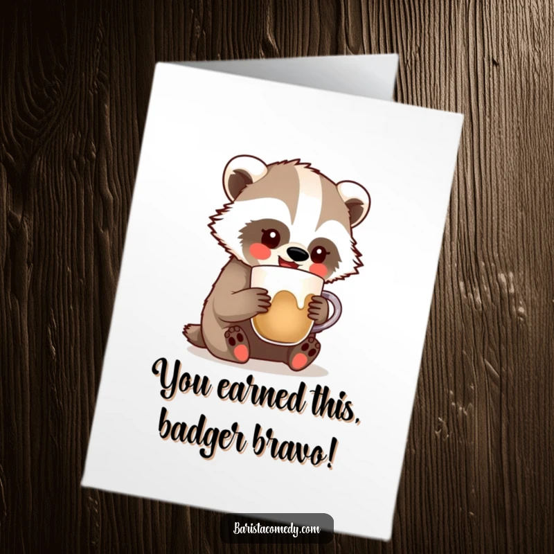 Funny Free Printable Congratulations Card: A happy badger comically attempts latte art, celebrating their unique success.