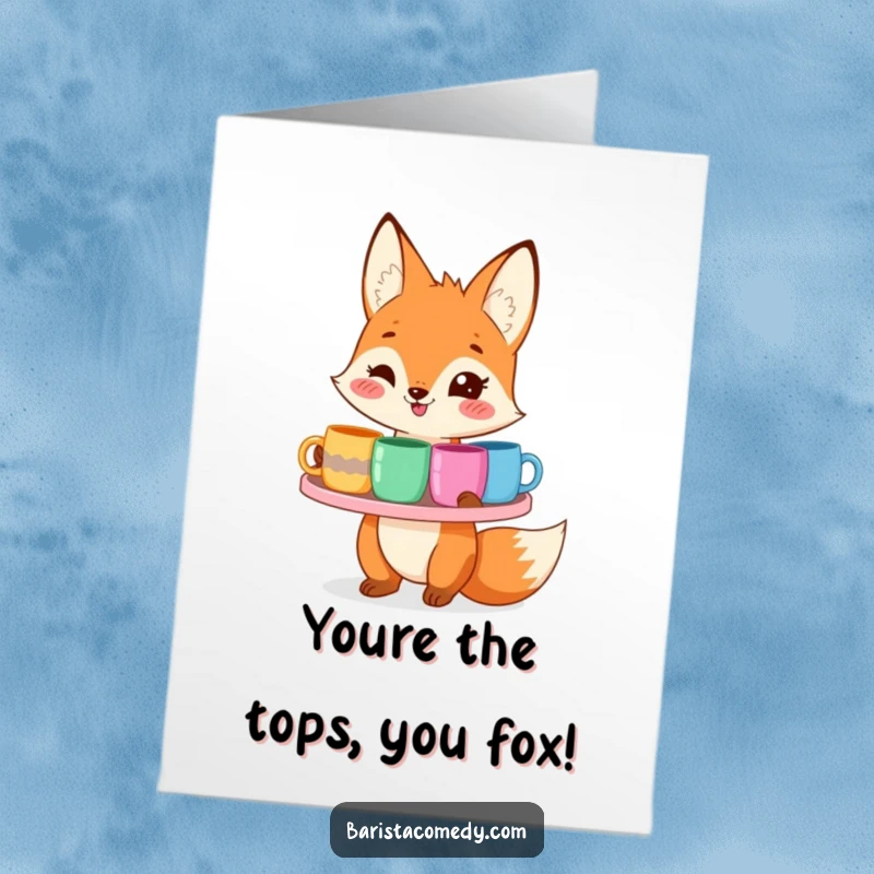 Funny Free Printable Fox Congrats Card, a smiling fox offering a tray of colorful mugs, celebrating a big win.