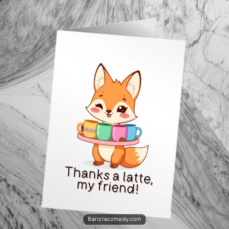 Funny Free Printable Fox Thank You Card, a smiling fox presenting a tray of colorful mugs, offering sincere thanks.