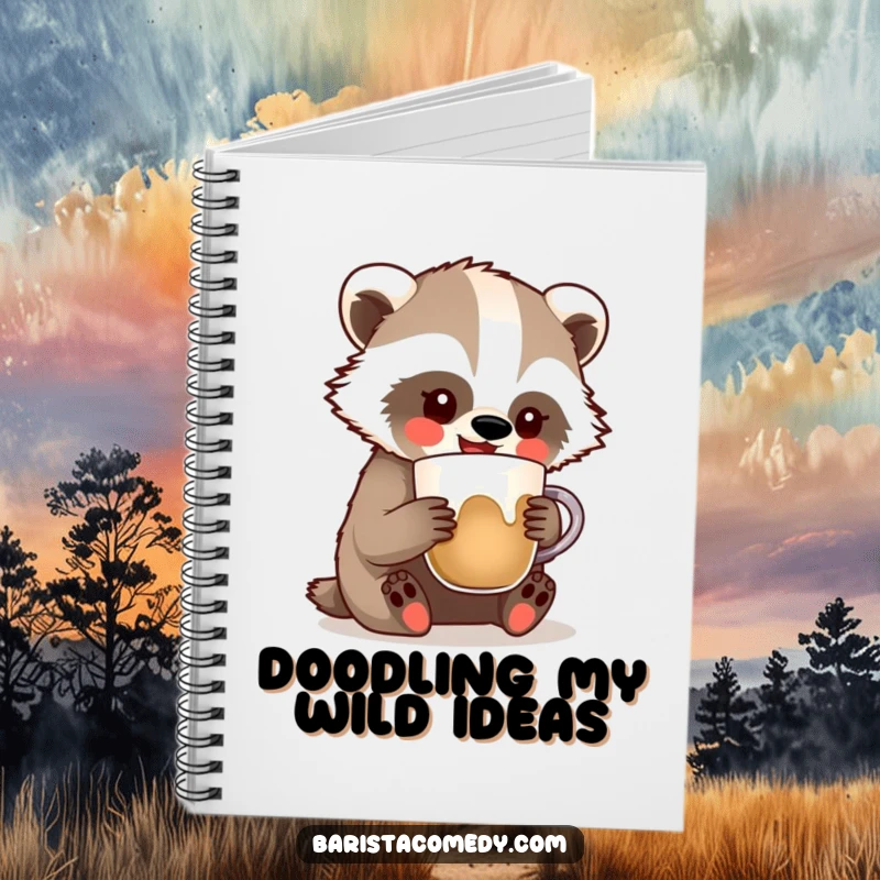 Funny Badger Latte Art Notebook, perfect for notes with a badger comically making latte art, a fantastic funny gift.