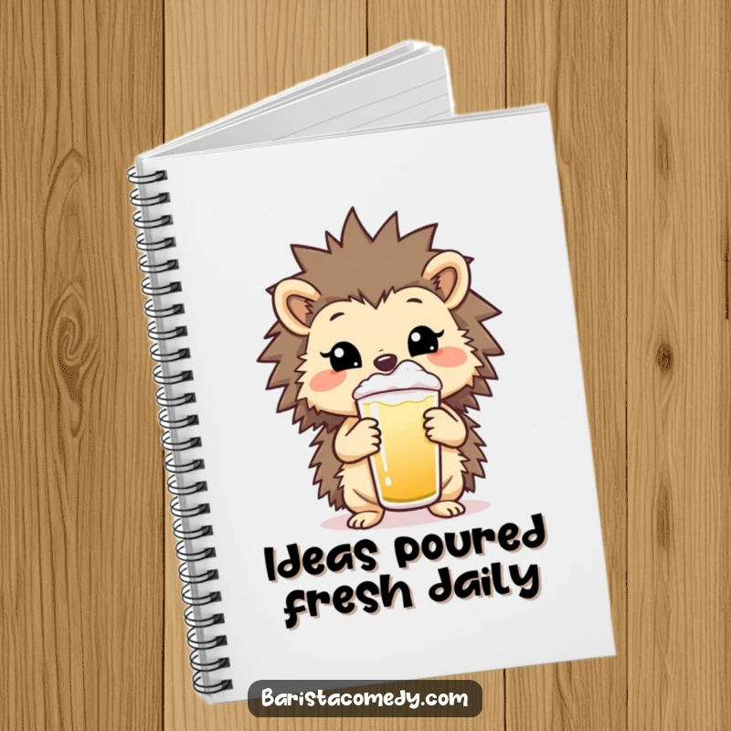 Funny Hedgehog Frothy Notebook, perfect for notes with a cheerful hedgehog holding a beverage, a fantastic funny gift.
