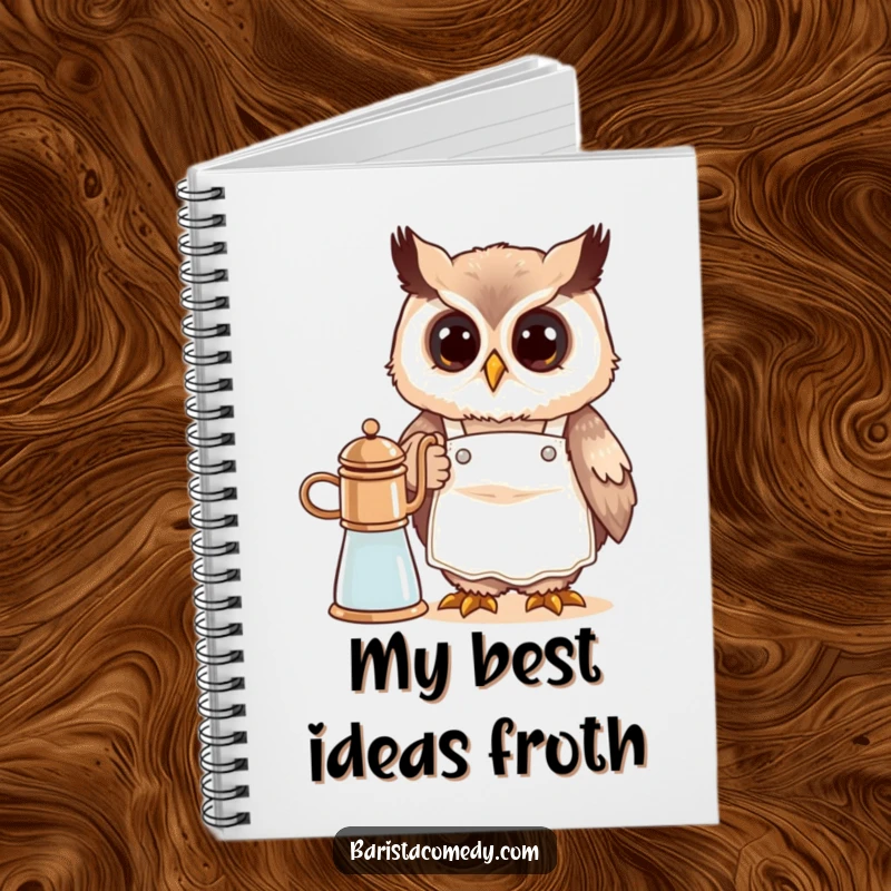 Funny cute owl in a barista apron, steaming milk, featured on a notebook cover for jotting down coffee-inspired ideas.