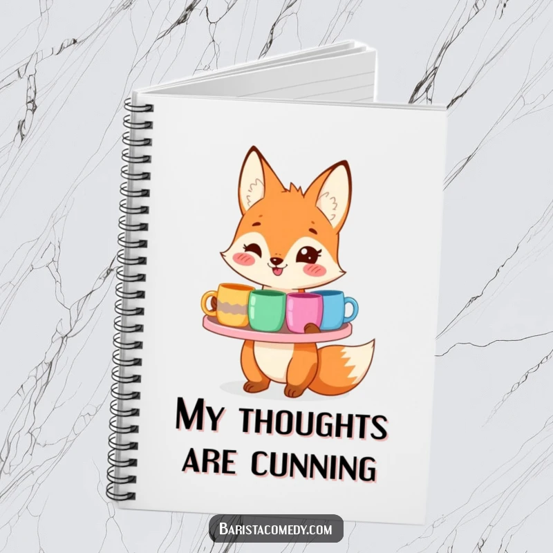 Funny smiling fox holding a tray of colorful mugs on the cover of this cheerful notebook.