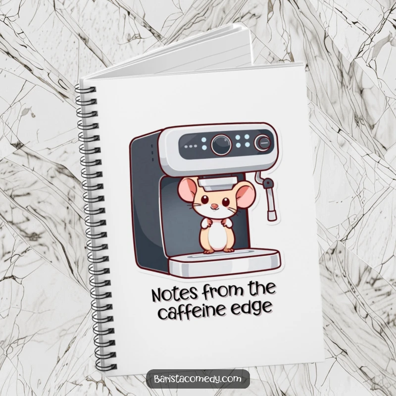 Funny Mouse Peeking Notebook, perfect for notes with a curious mouse by an espresso machine, a fantastic funny gift.