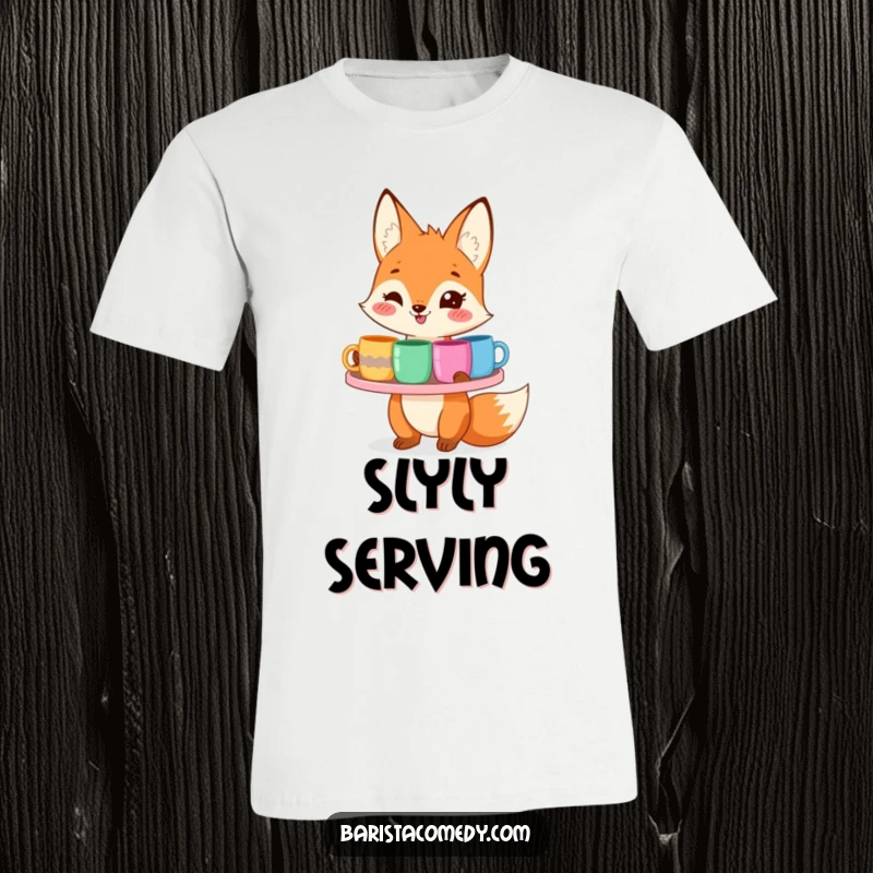 A funny smiling fox proudly carrying a tray laden with various colorful coffee mugs, printed on a t-shirt.