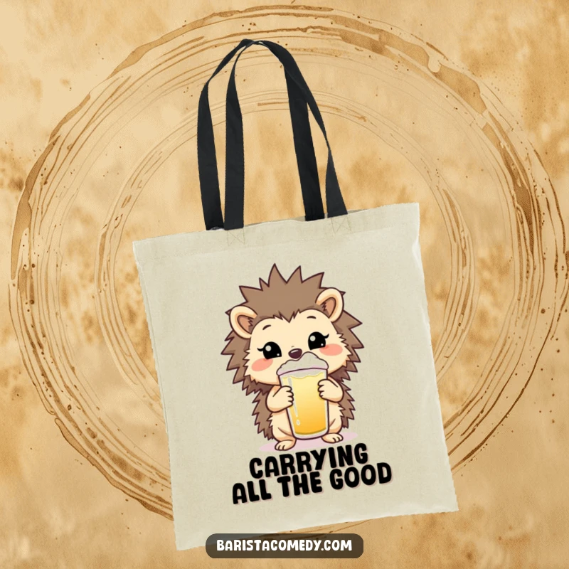 Funny Hedgehog Frothy Drink Tote Bag, a stylish accessory with a cheerful hedgehog holding a beverage, perfect funny gift.