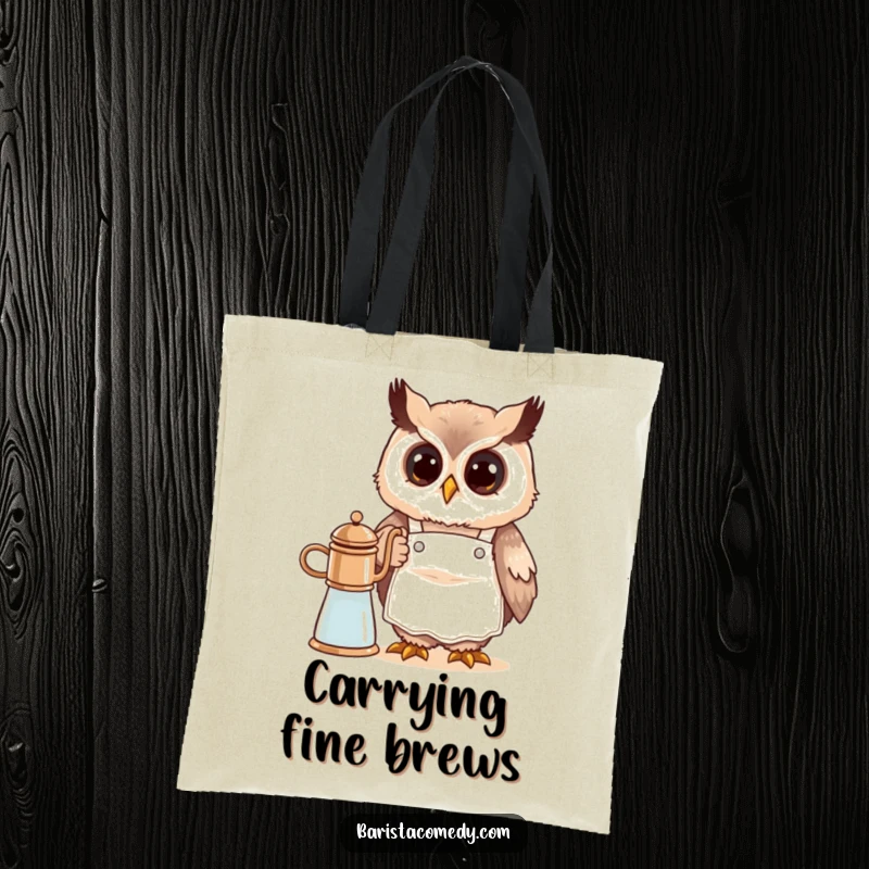 Funny cute owl barista in a small apron, steaming milk, printed on a durable tote bag for stylish coffee lovers.