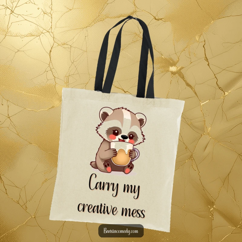 Funny Badger Latte Art Tote Bag, a stylish accessory with a badger comically making latte art, perfect funny gift.