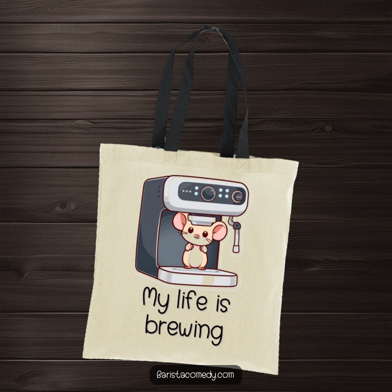 Funny Mouse Peeking Tote Bag, a stylish accessory with a curious mouse behind an espresso machine, perfect funny gift.